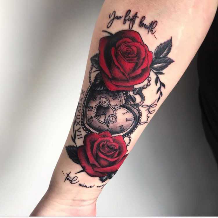 rose tattoo with compass and watch