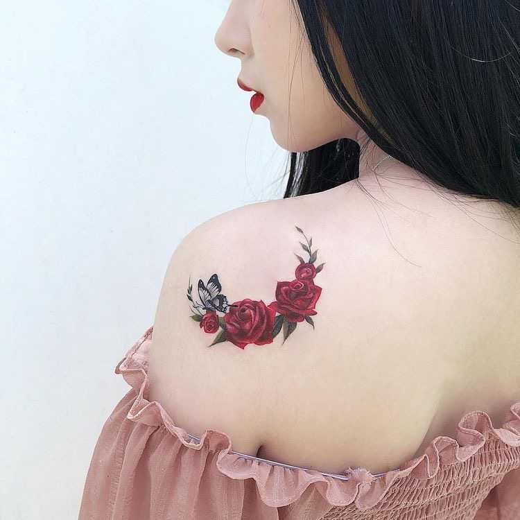 Rose tattoo design on shoulder for girls