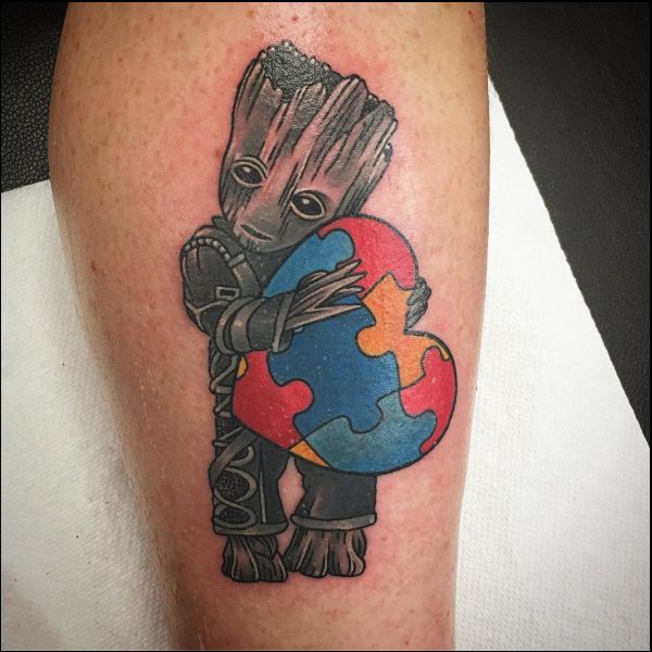 little groot autism awareness tattoo with heart