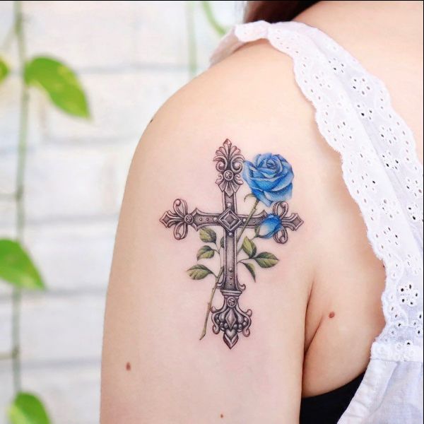 white cross tattoos with flowers