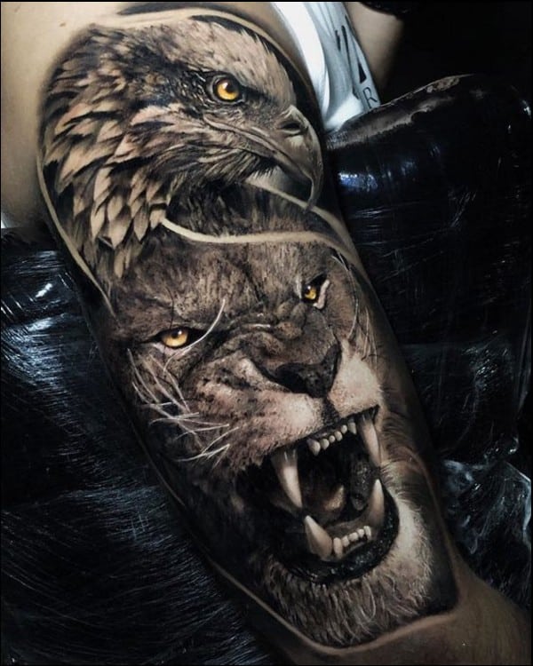 Eagle and lion tattoos