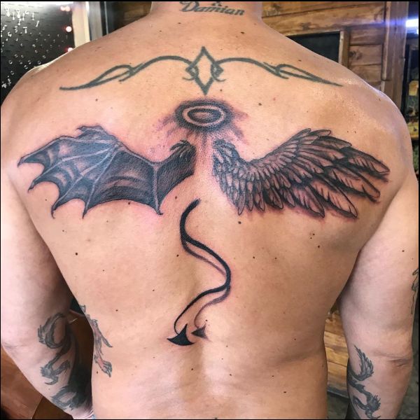 back tattoos of angel wings and devil wings