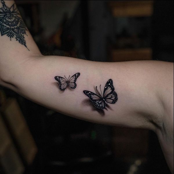Arm 3D Butterfly Tattoo Blackish And White