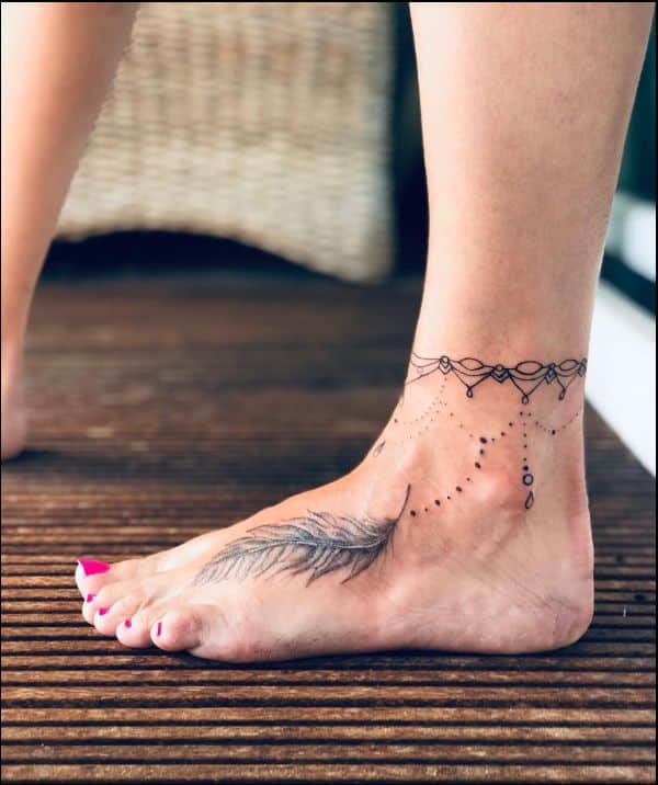 ankle tattoos bracelet and feather
