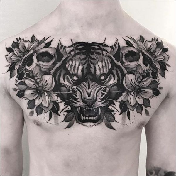 chest tattoos black and grey