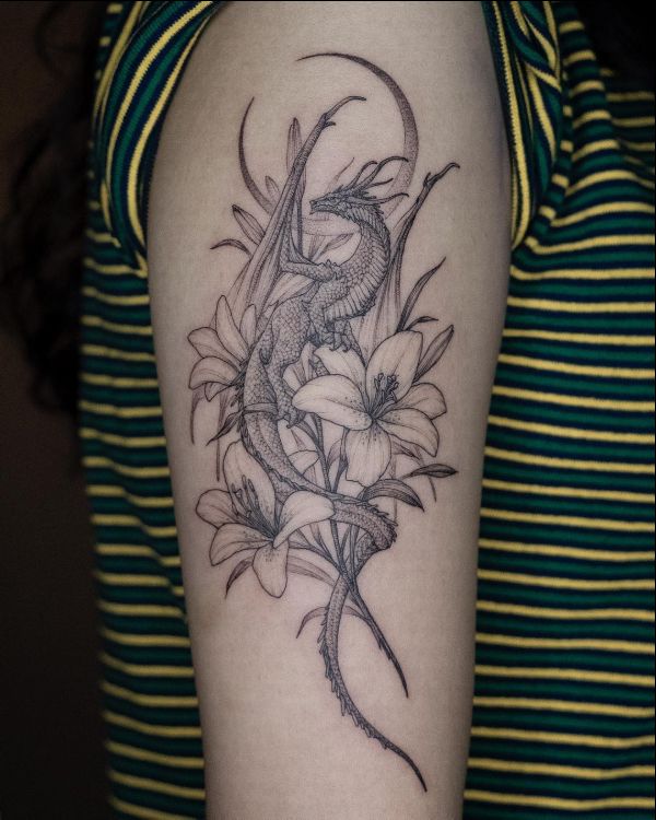 Tattoo uploaded by Tattoodo • Tattoo by Tattooer Intat #TattooerIntat  #Intat #dragontattoos #dragon #mythicalcreature #legend #folklore  #illustrative #livework #flowers #floral #rose • Tattoodo