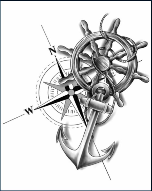 anchor tattoos with wheel and compass designs