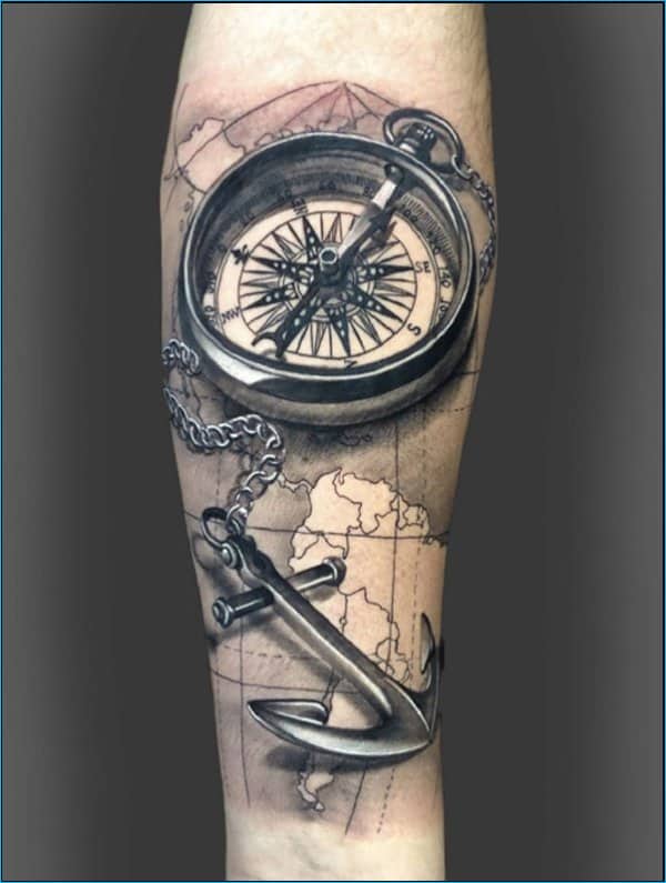 anchor with compass tattoo on forearm