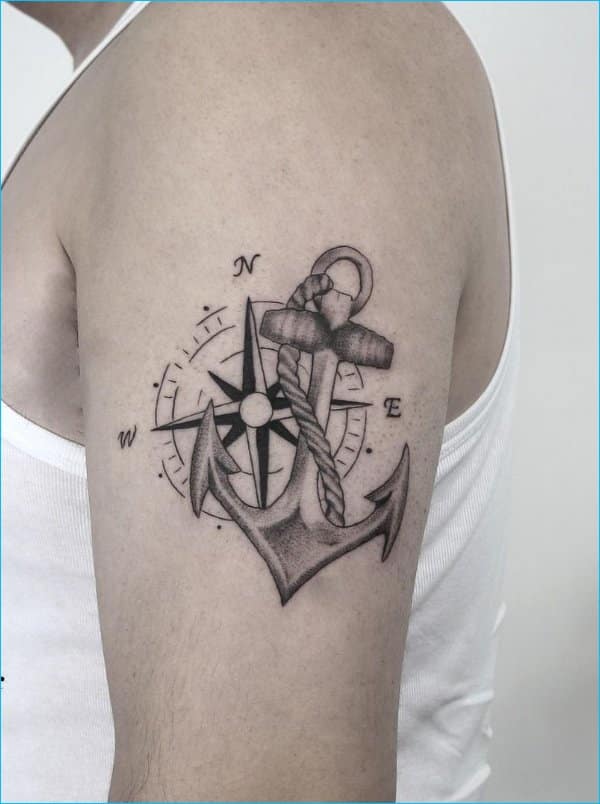 anchor with rope and compass tattoos