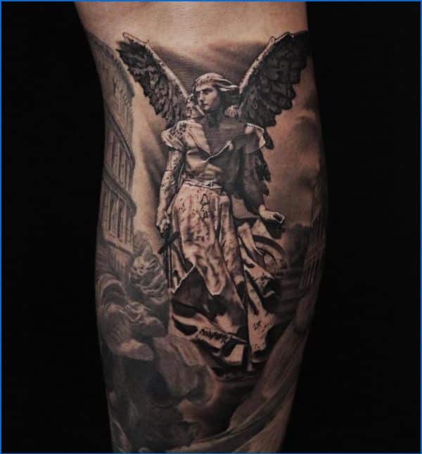 Full sleeve tattoo with angel warrior, compass and eye