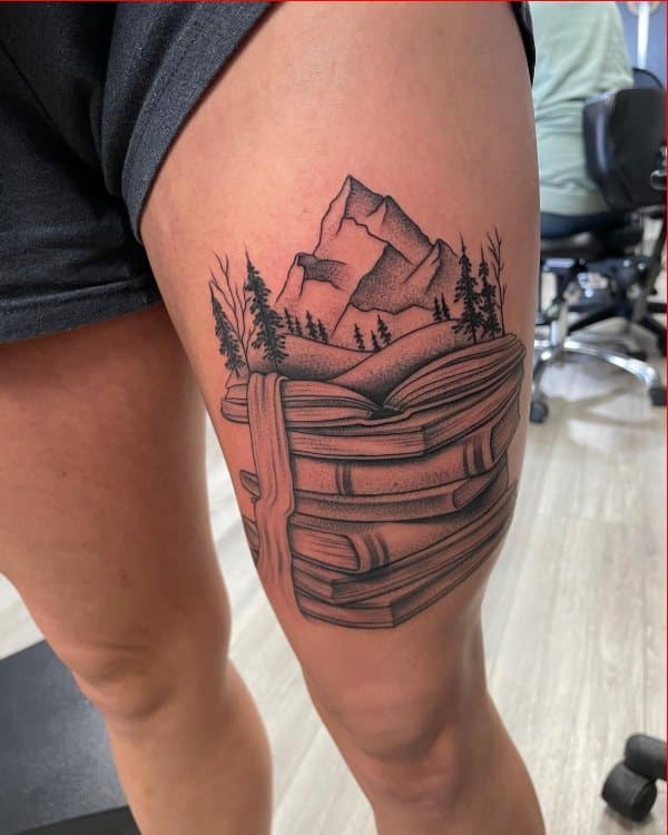 book tattoos on thigh