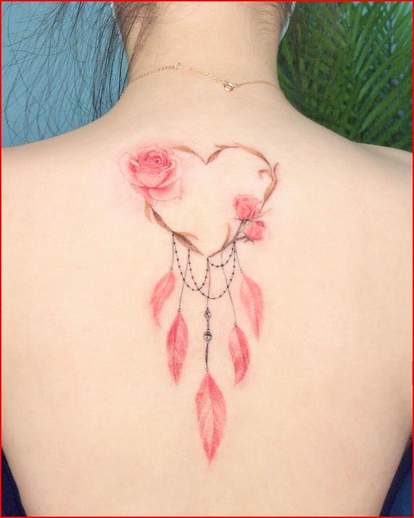 heart shaped dreamcatcher tattoos on back