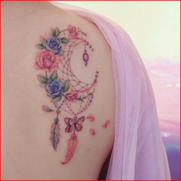 dreamcatcher tattoo on back shoulder