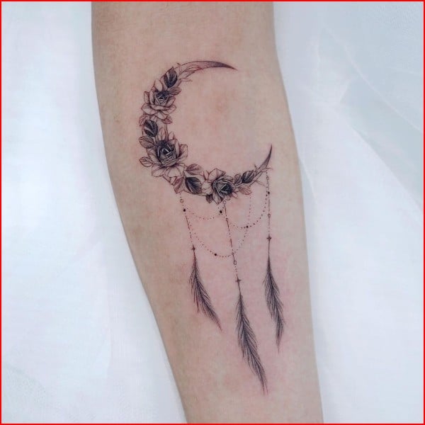 moon dreamcatcher tattoo on arm for girls