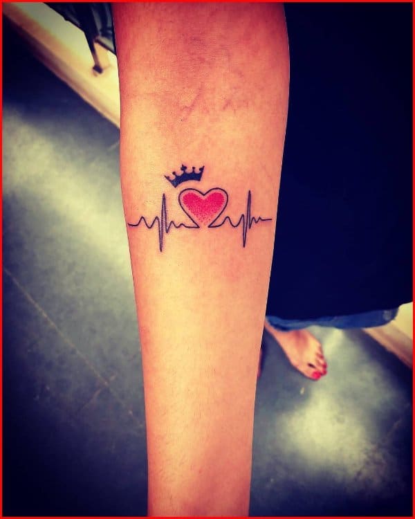 heartbeat tattoos with heart and crown