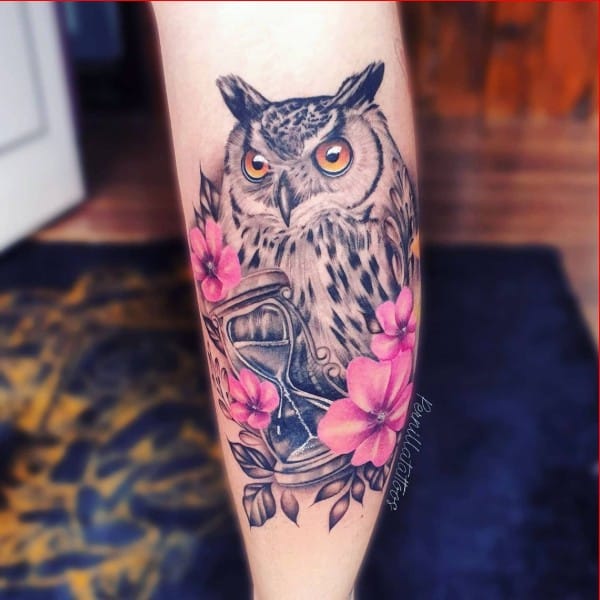 hourglass tattoos with owl and flowers