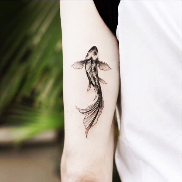 koi fish tattoo forearm black and grey