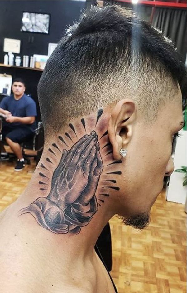 praying hands on side neck tattoos
