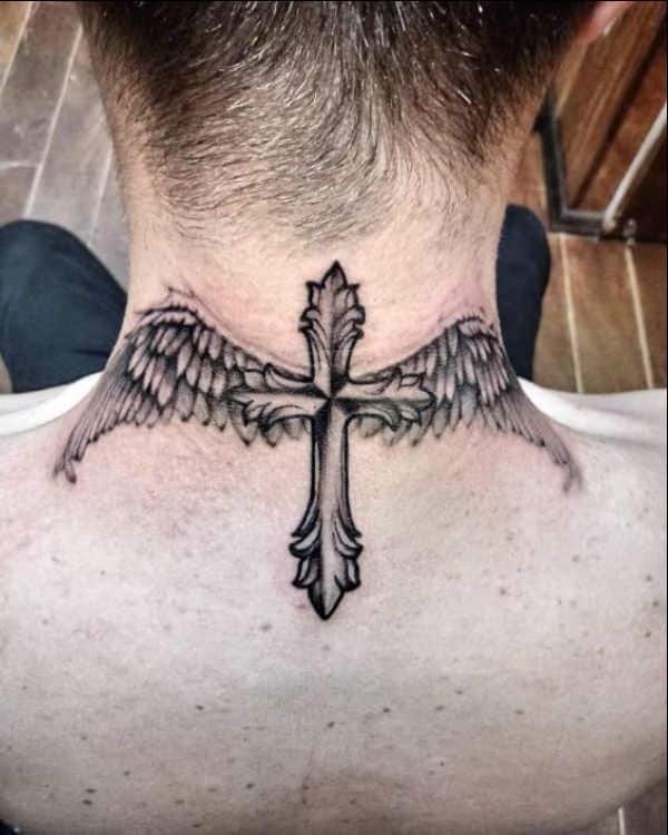 cross with wings tattoos on neck