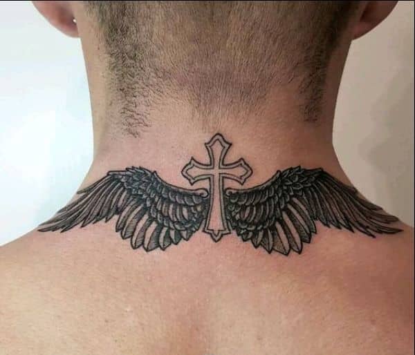 Angel wings with cross on neck tattoos