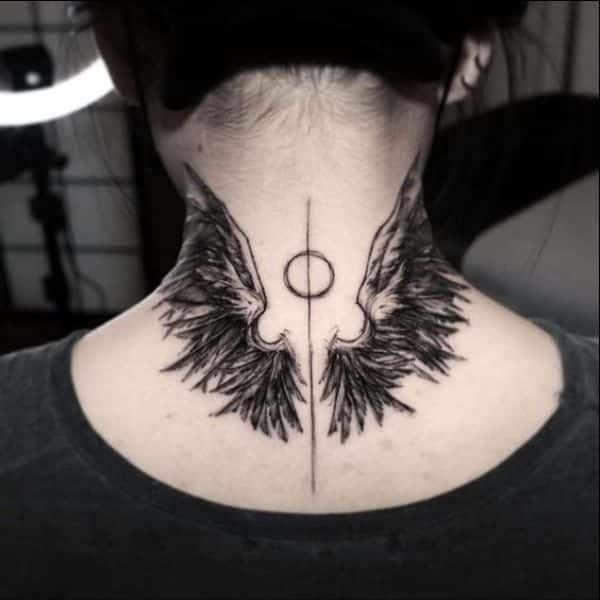 geometric wings neck tattoos