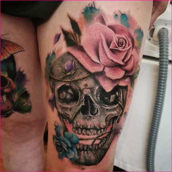 sugar skull thigh tattoos