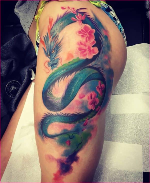 Japanese dragon thigh tattoos