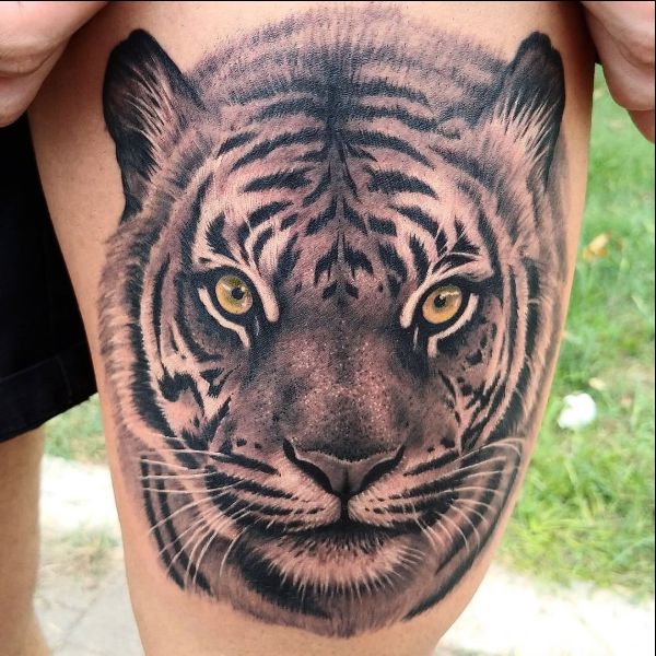 tiger face tattoos on thigh